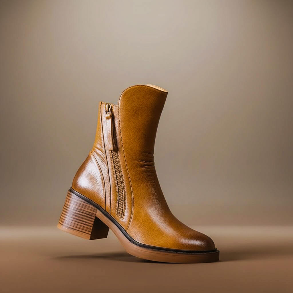 Women's Soft-Grain Leather Block Heel Ankle Boots with Padded Insole in Cognac Brown
