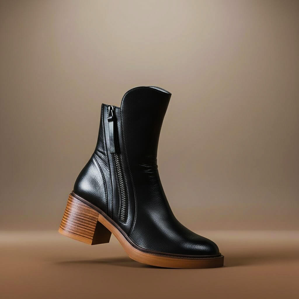 Women's Soft-Grain Leather Block Heel Ankle Boots with Padded Insole in Midnight Black