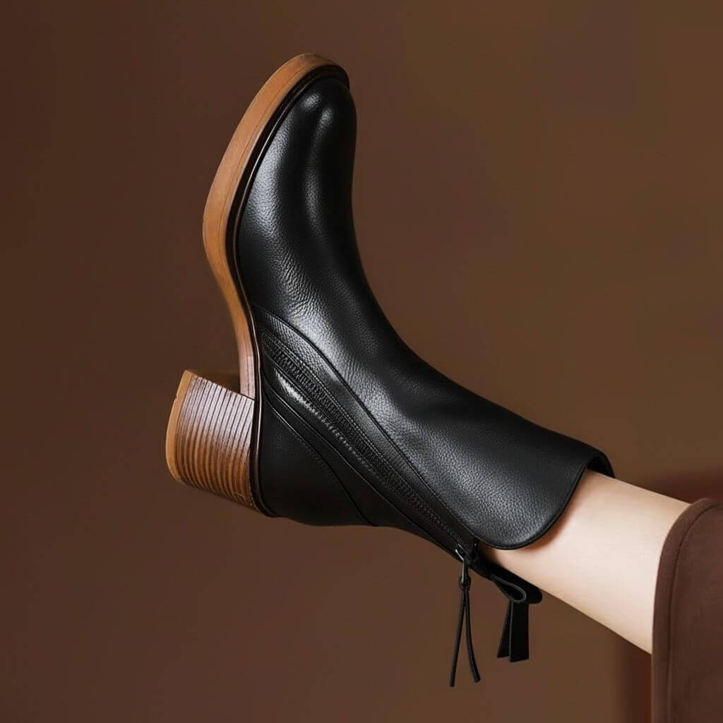 Women's Soft-Grain Leather Block Heel Ankle Boots with Padded Insole, view 3