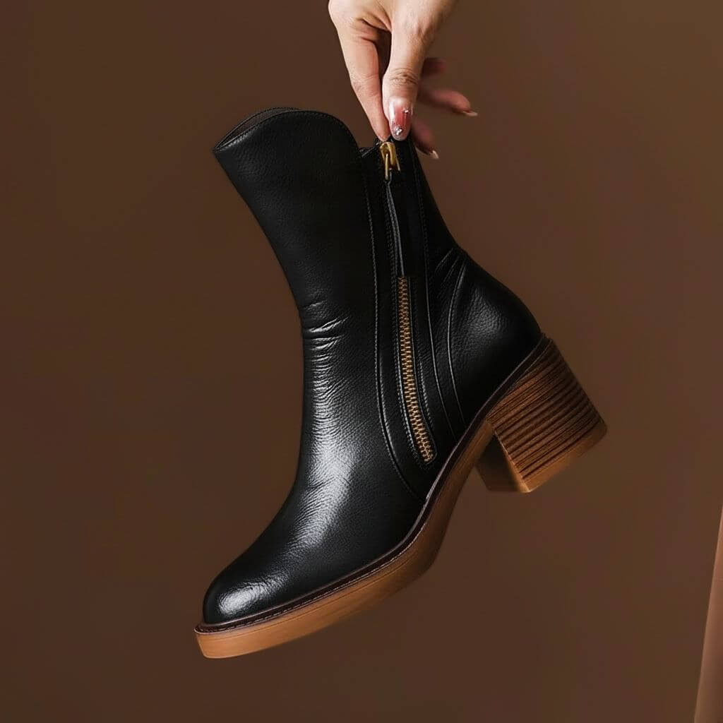 Women's Soft-Grain Leather Block Heel Ankle Boots with Padded Insole, view 5
