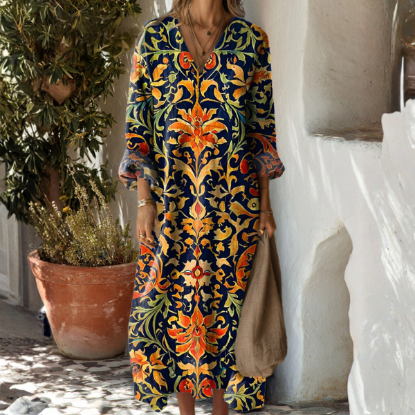 Thea Abstract Print Linen Midi Dress with Pockets in Multicolor