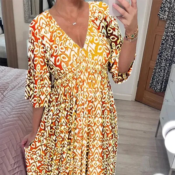 Women's Floral V-Neck Relaxed Maxi Dress in Yellow