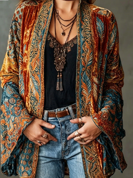 Women's Velvet Jacket, Boho Print Open Front Lightweight Outerwear
