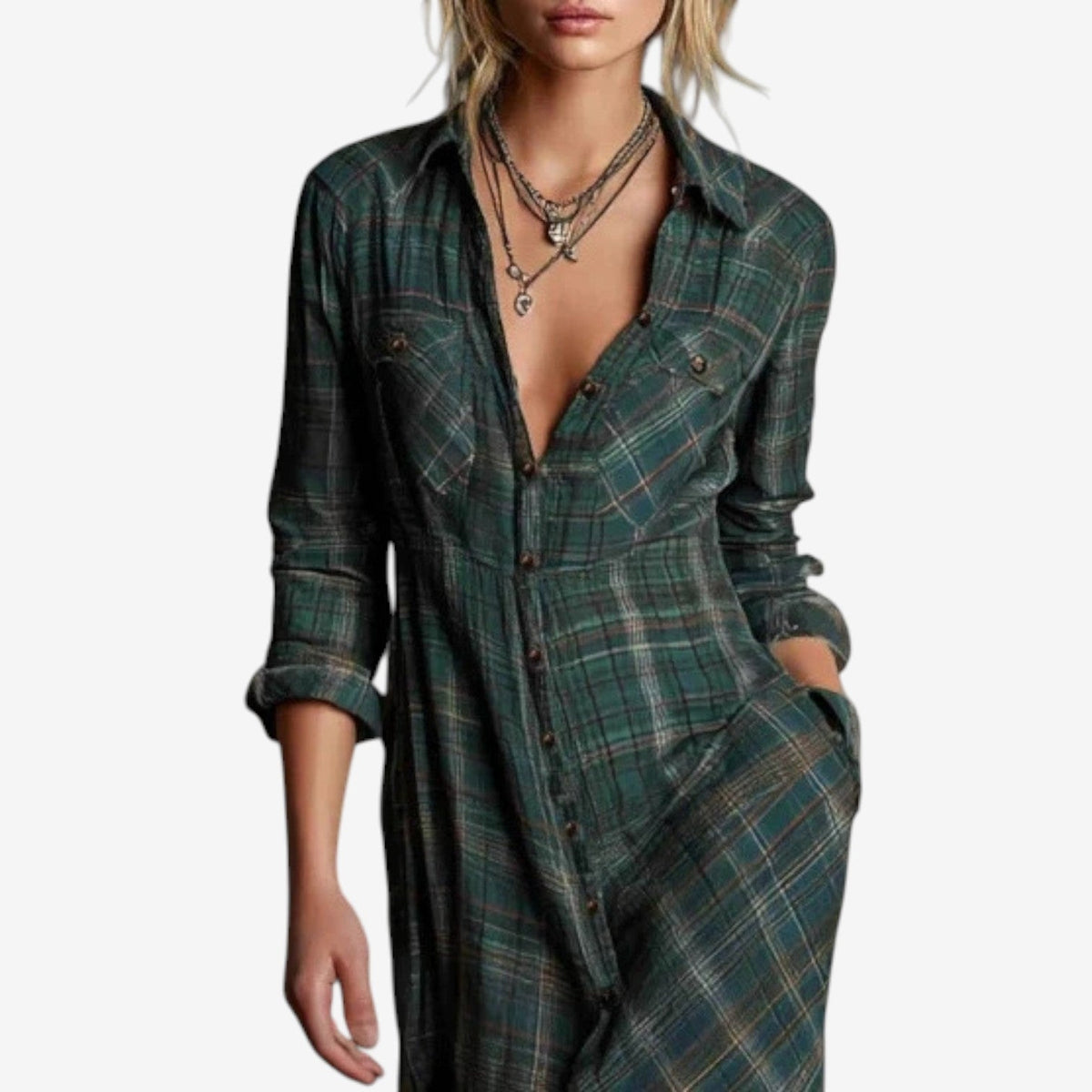 Women's Green Collared Button-Front Long Shirt Dress, view 4