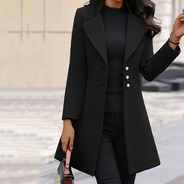 Women's Wool Blend Winter Coat, Lapel Collar Long Sleeve Warm Overcoat