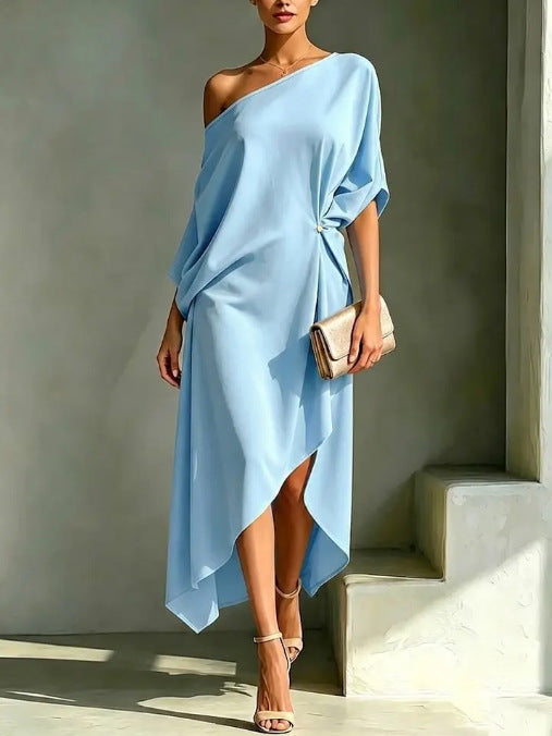 Women's Elegant Asymmetrical Hem Dress in Blue