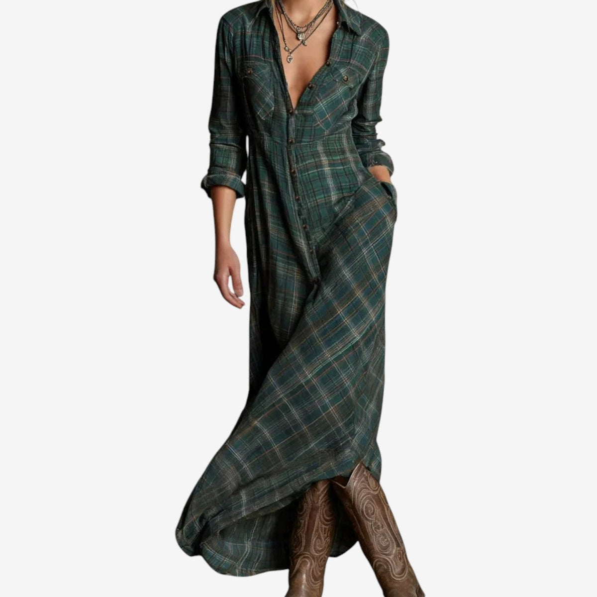 Women's Green Collared Button-Front Long Shirt Dress