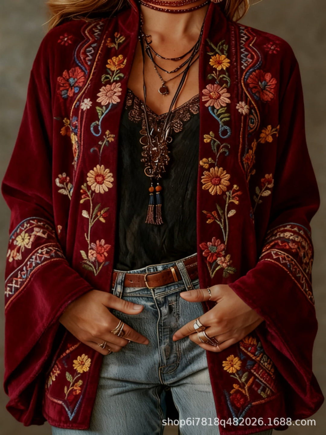 Women's Velvet Jacket, Boho Print Open Front Lightweight Outerwear