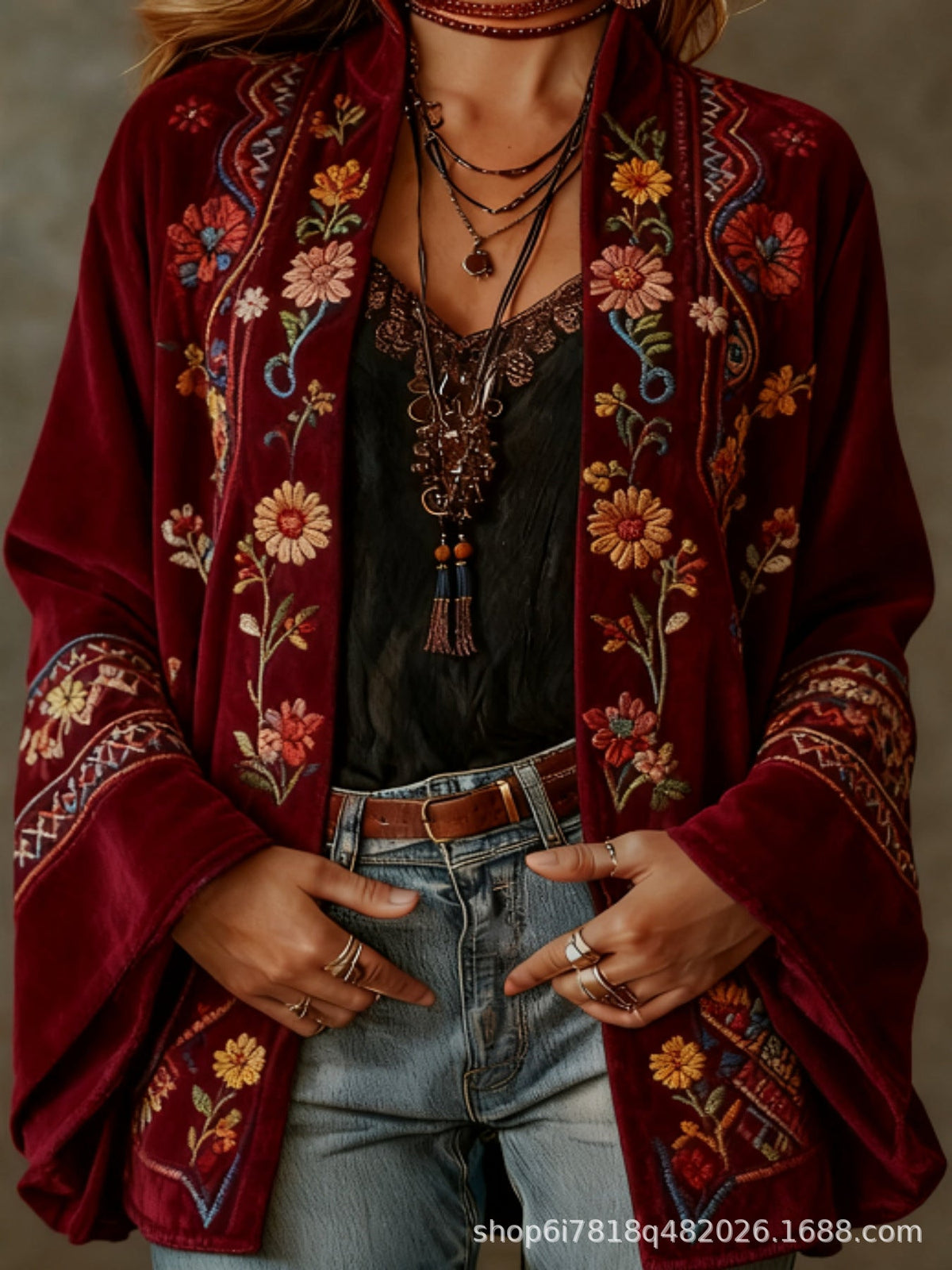 Women's Boho Print Velvet Open-Front Jacket, view 4