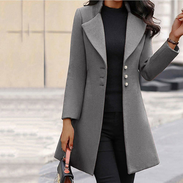 Women's Wool Blend Winter Coat, Lapel Collar Long Sleeve Warm Overcoat
