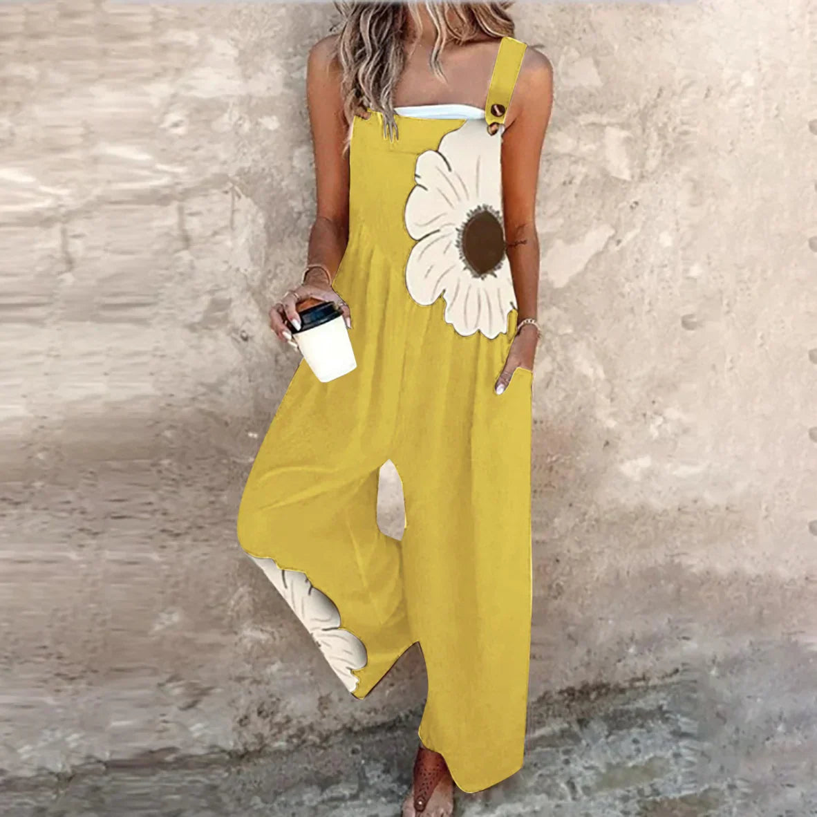 Odile Printed Wide-Leg Overalls with Adjustable Straps in Yellow