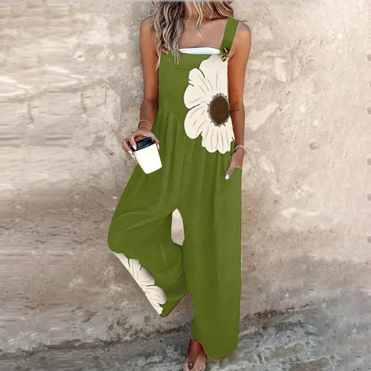 Odile Printed Wide-Leg Overalls with Adjustable Straps in Green