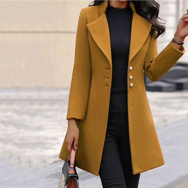 Women's Wool Blend Winter Coat, Lapel Collar Long Sleeve Warm Overcoat