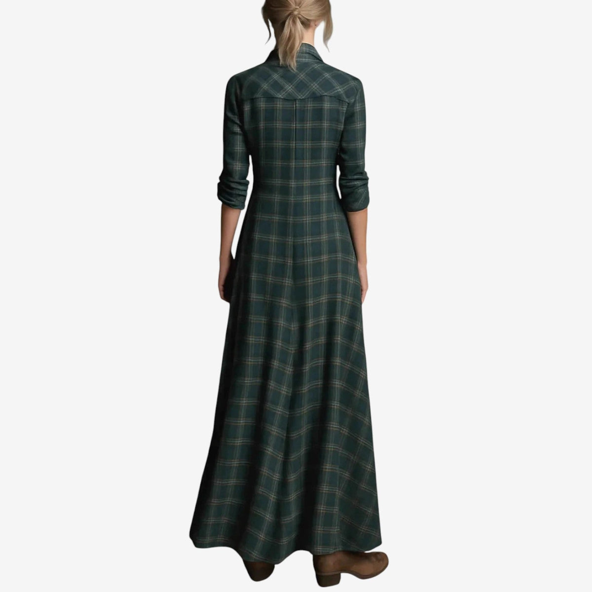 Women's Green Collared Button-Front Long Shirt Dress, view 2