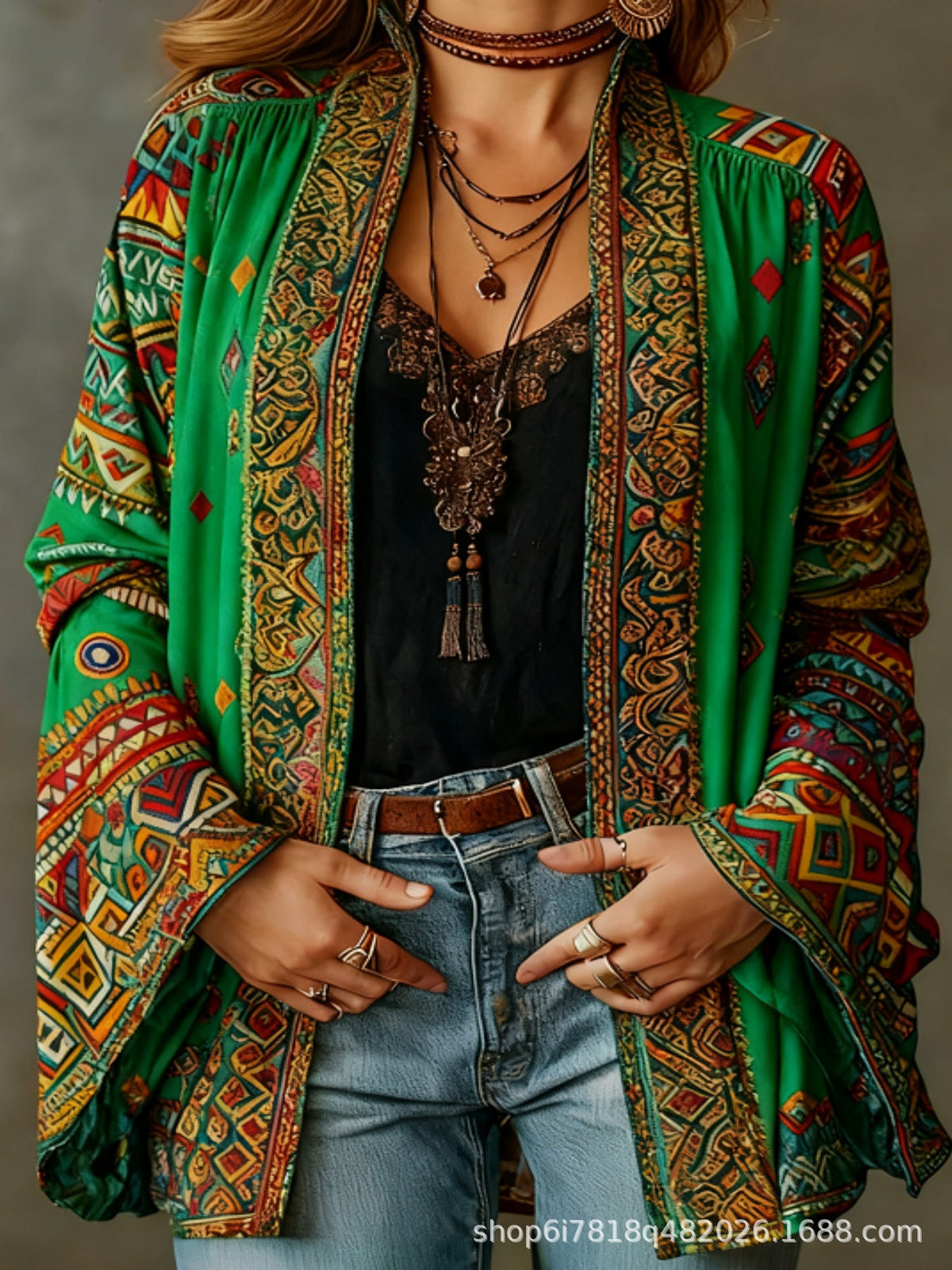 Women's Boho Print Velvet Open-Front Jacket, view 3