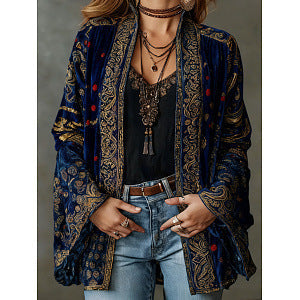 Women's Velvet Jacket, Boho Print Open Front Lightweight Outerwear