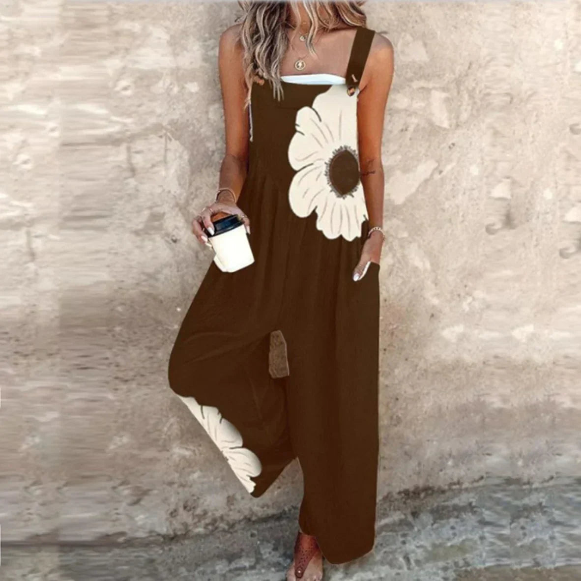 Odile Printed Wide-Leg Overalls with Adjustable Straps in Brown