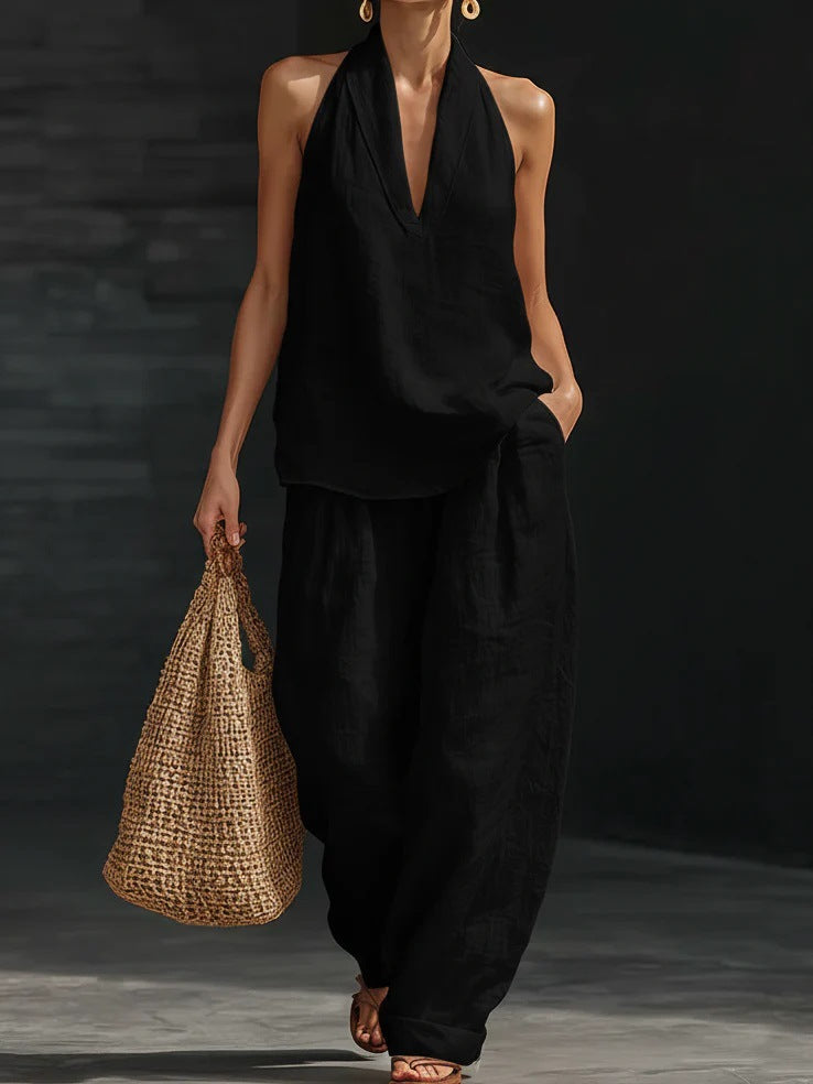 Women's Sleeveless Top and Wide-Leg Pants Two-Piece Set in Black
