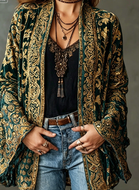 Women's Velvet Jacket, Boho Print Open Front Lightweight Outerwear