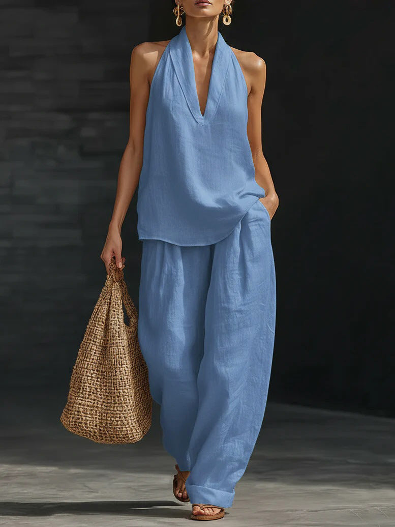 Women's Sleeveless Top and Wide-Leg Pants Two-Piece Set in Blue