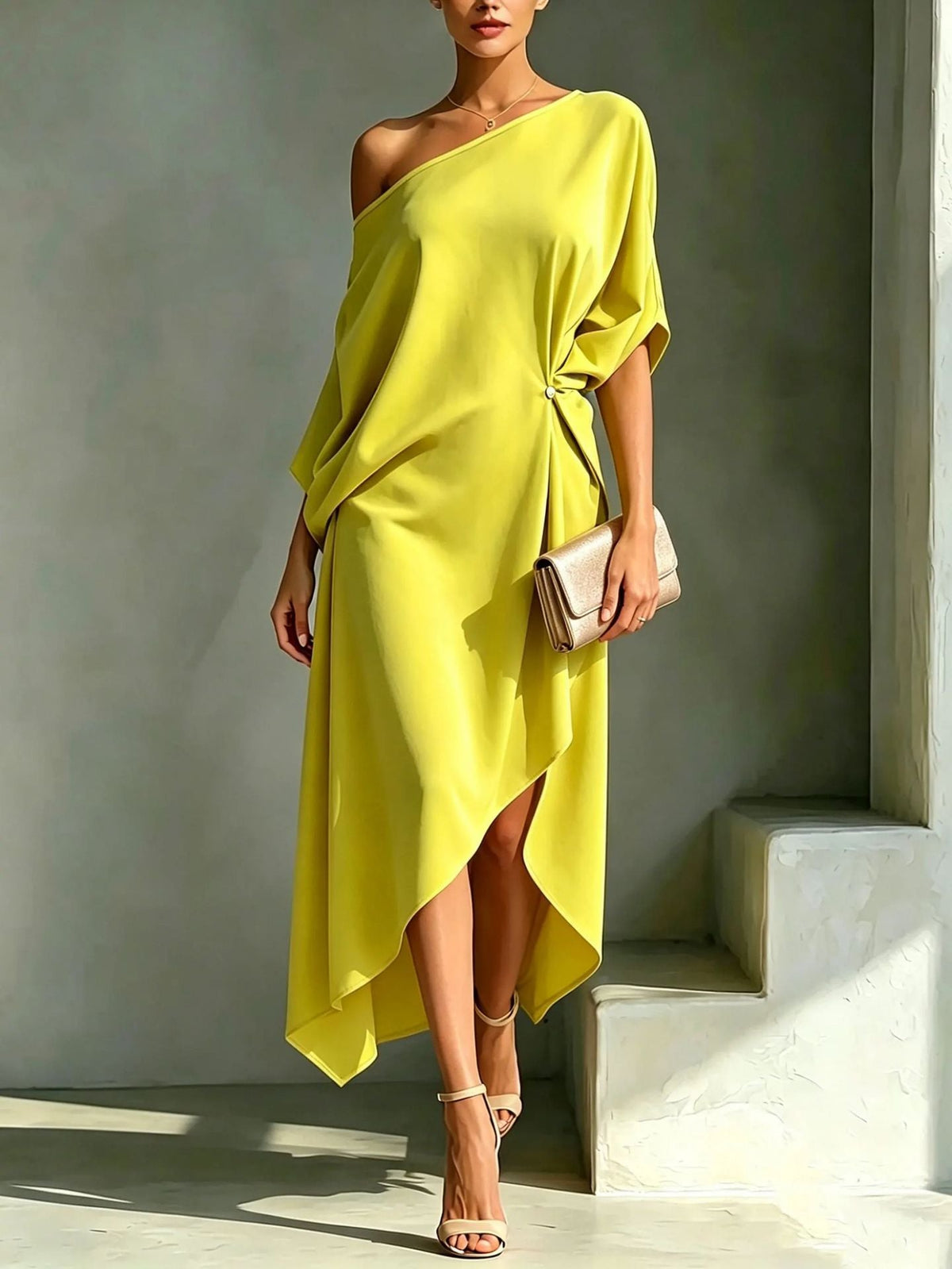 Women's Elegant Asymmetrical Hem Dress in Yellow