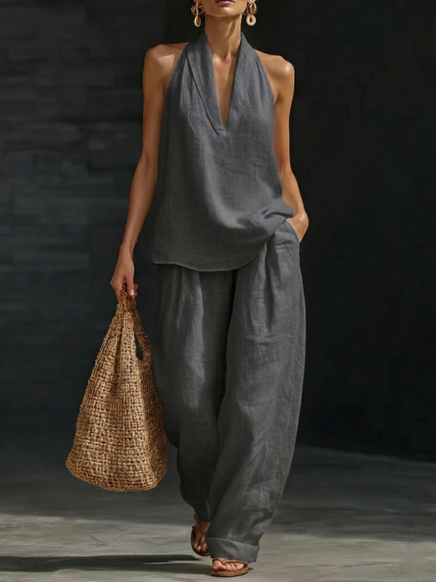 Women's Sleeveless Top and Wide-Leg Pants Two-Piece Set in Gray