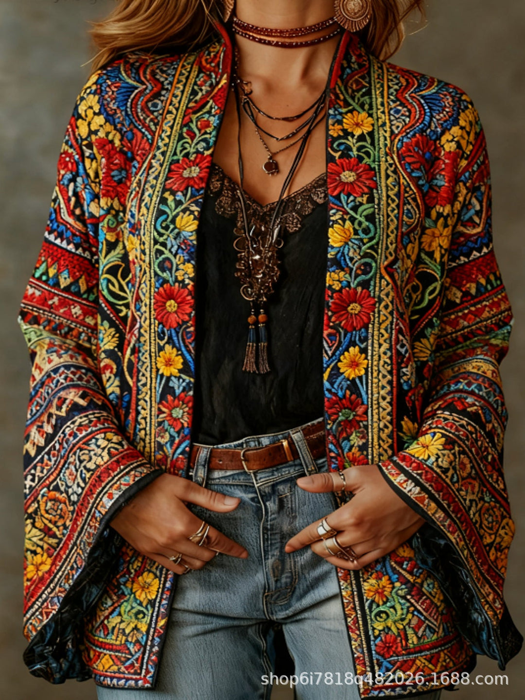 Women's Velvet Jacket, Boho Print Open Front Lightweight Outerwear