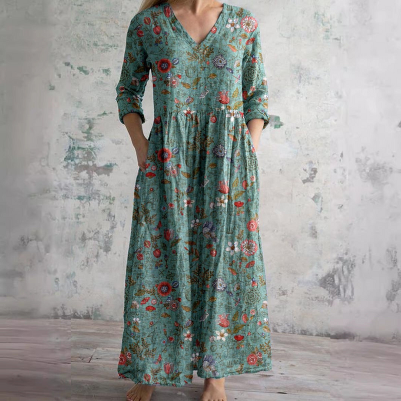 Women's Floral V-Neck Maxi Dress with Side Pockets in Green
