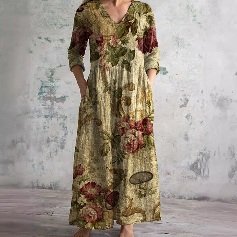 Women's Beige Floral Flowy Summer Dress