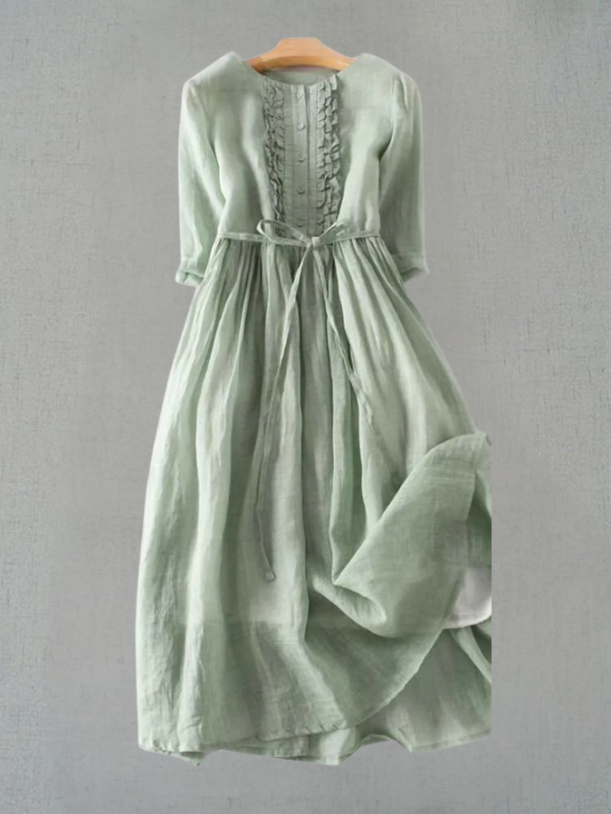 Women's Retro Round Neck Midi Dress with Lace-Up Waist