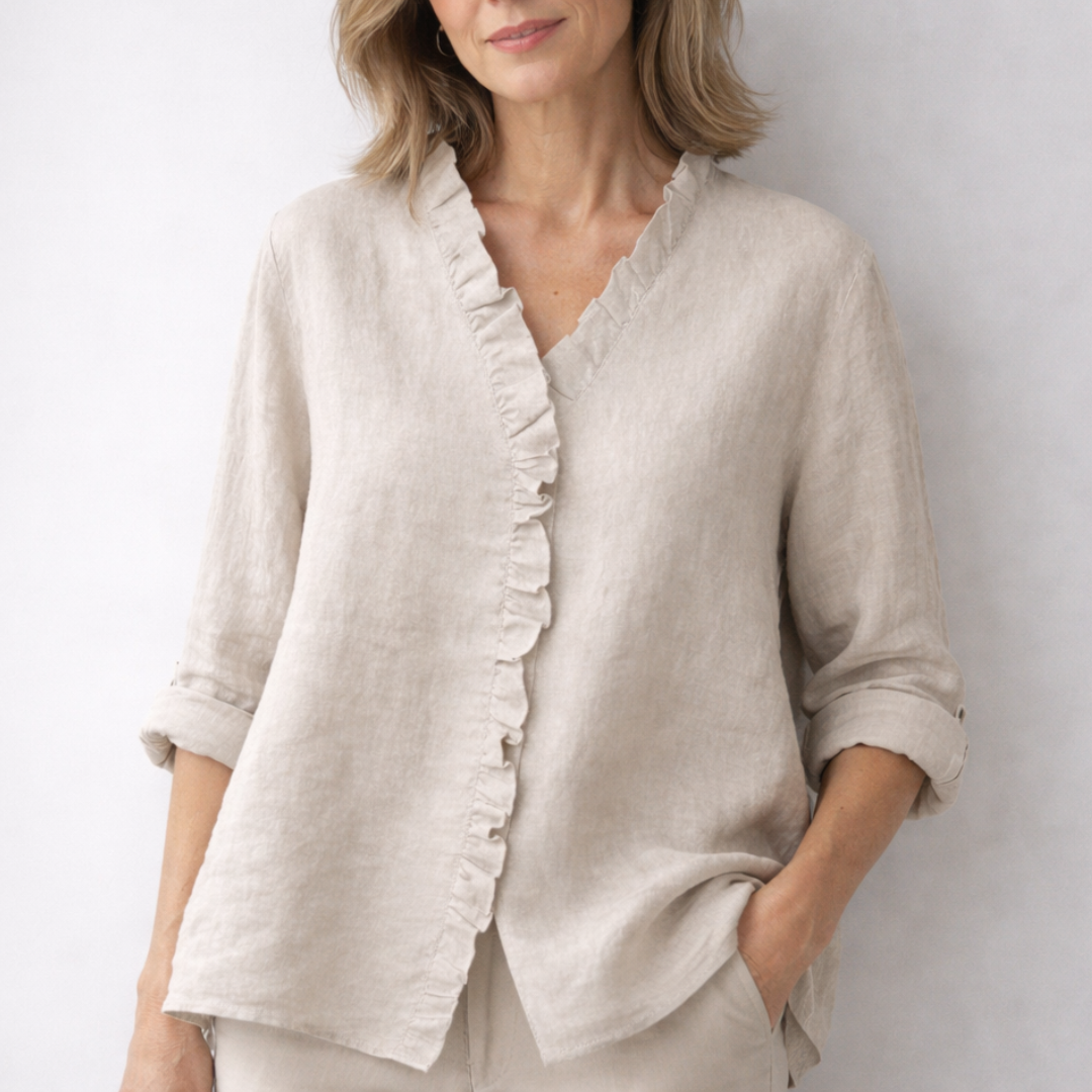 Women's Cotton-Linen Ruffled V-Neck Shirt with Hi-Low Hem