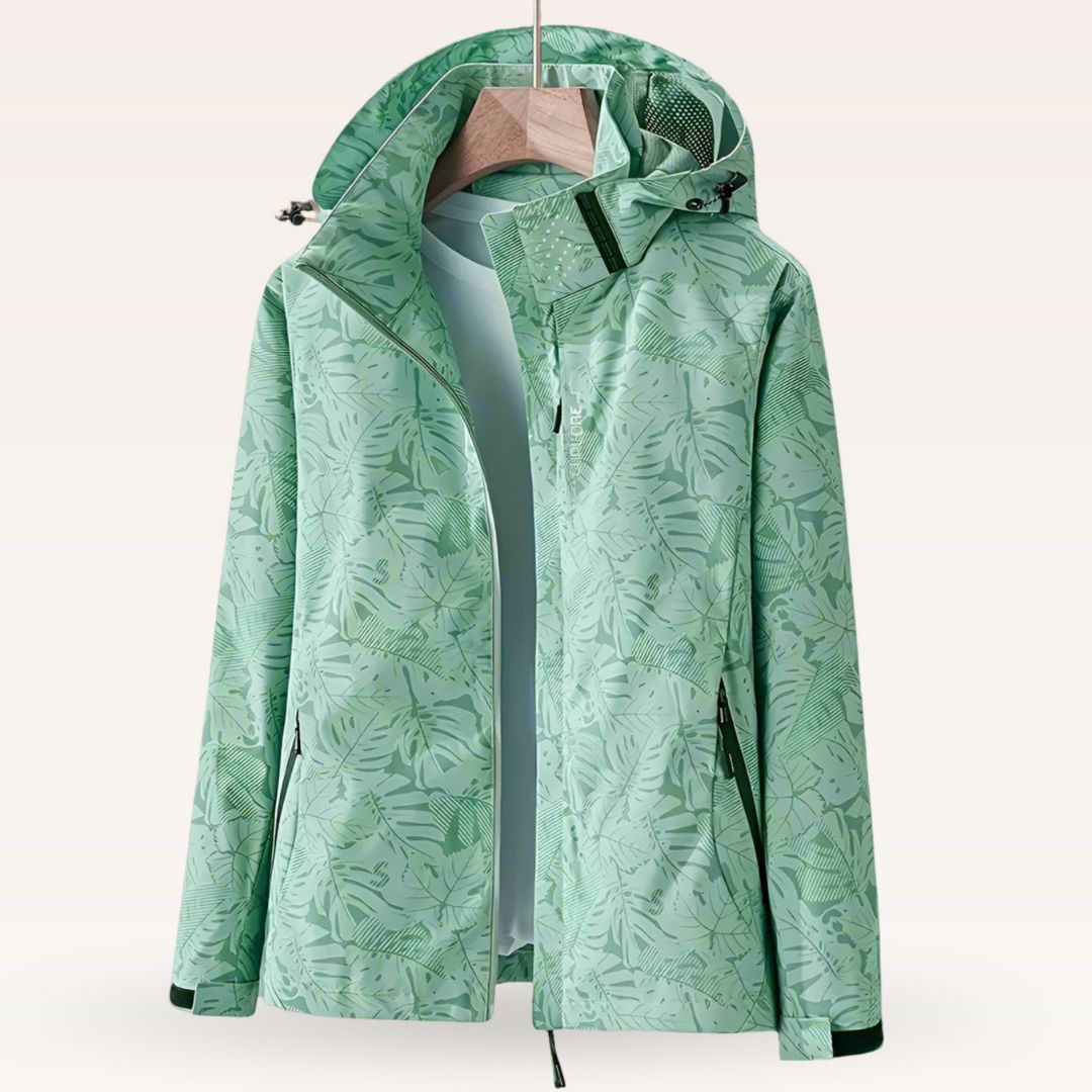 Women's Lightweight Water-Repellent Hooded Jacket with Leaf Print in Green