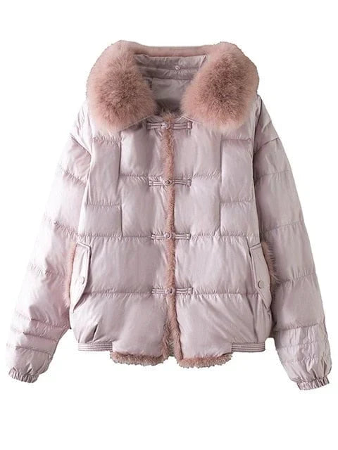 Women's Oversized Down Puffer Jacket with Vintage Collar in Pink