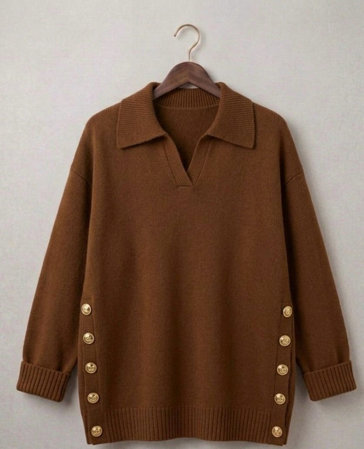 Women's Collared V-Neck Sweater, Button Detail Stretch Knit Pullover