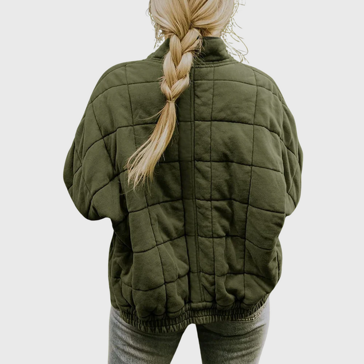 Women's Quilted Bomber Jacket, Zip Up Stand Collar Padded Coat with Pockets