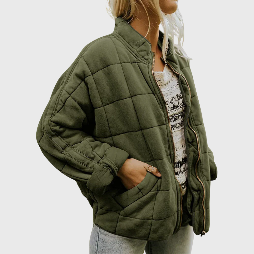 Women's Quilted Bomber Jacket, Zip Up Stand Collar Padded Coat with Pockets
