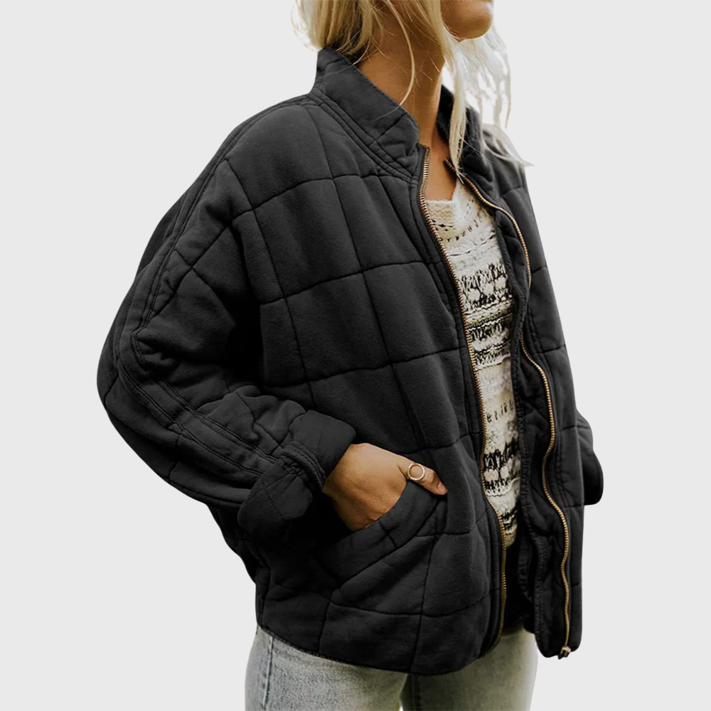 Women's Quilted Bomber Jacket, Zip Up Stand Collar Padded Coat with Pockets