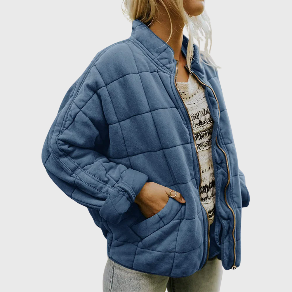 Women's Quilted Bomber Jacket, Zip Up Stand Collar Padded Coat with Pockets