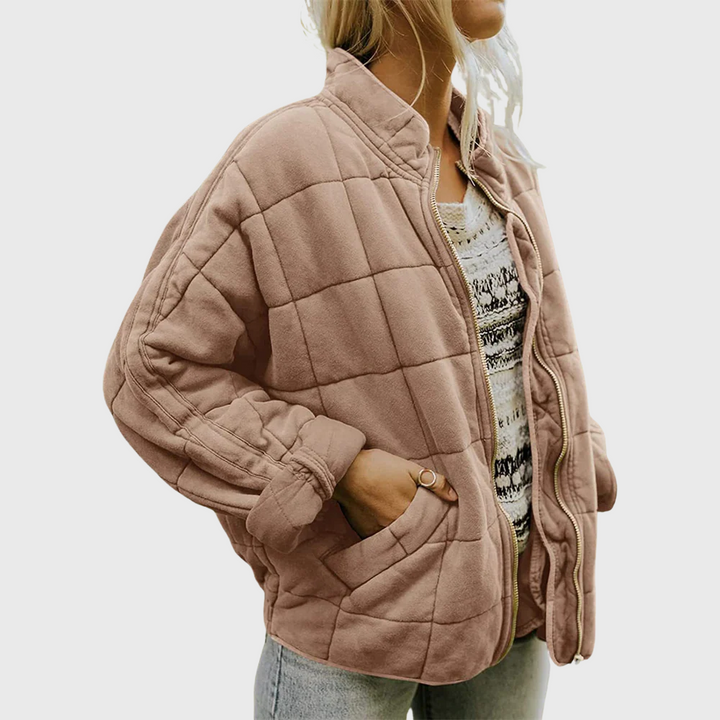 Women's Quilted Bomber Jacket, Zip Up Stand Collar Padded Coat with Pockets