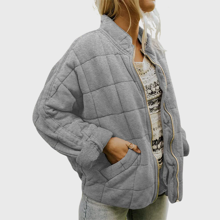 Women's Quilted Bomber Jacket, Zip Up Stand Collar Padded Coat with Pockets