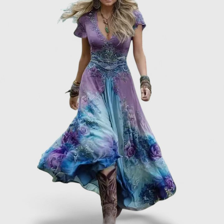 Women's Floral Embroidered Midi Dress with Flowing Skirt in Blue