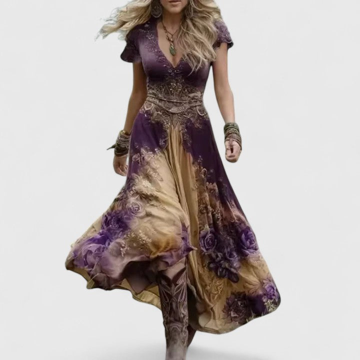 Women's Floral Embroidered Midi Dress with Flowing Skirt in Khaki