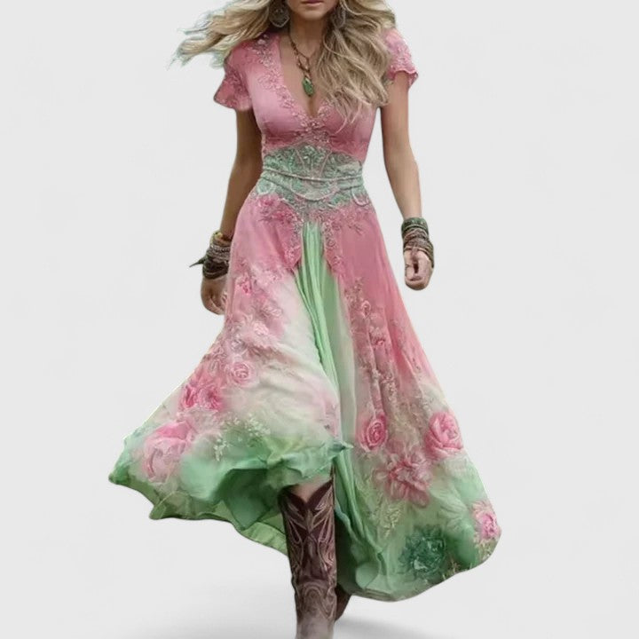 Women's Floral Embroidered Midi Dress with Flowing Skirt in Pink