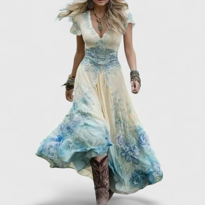 Women's Floral Embroidered Midi Dress with Flowing Skirt in Beige