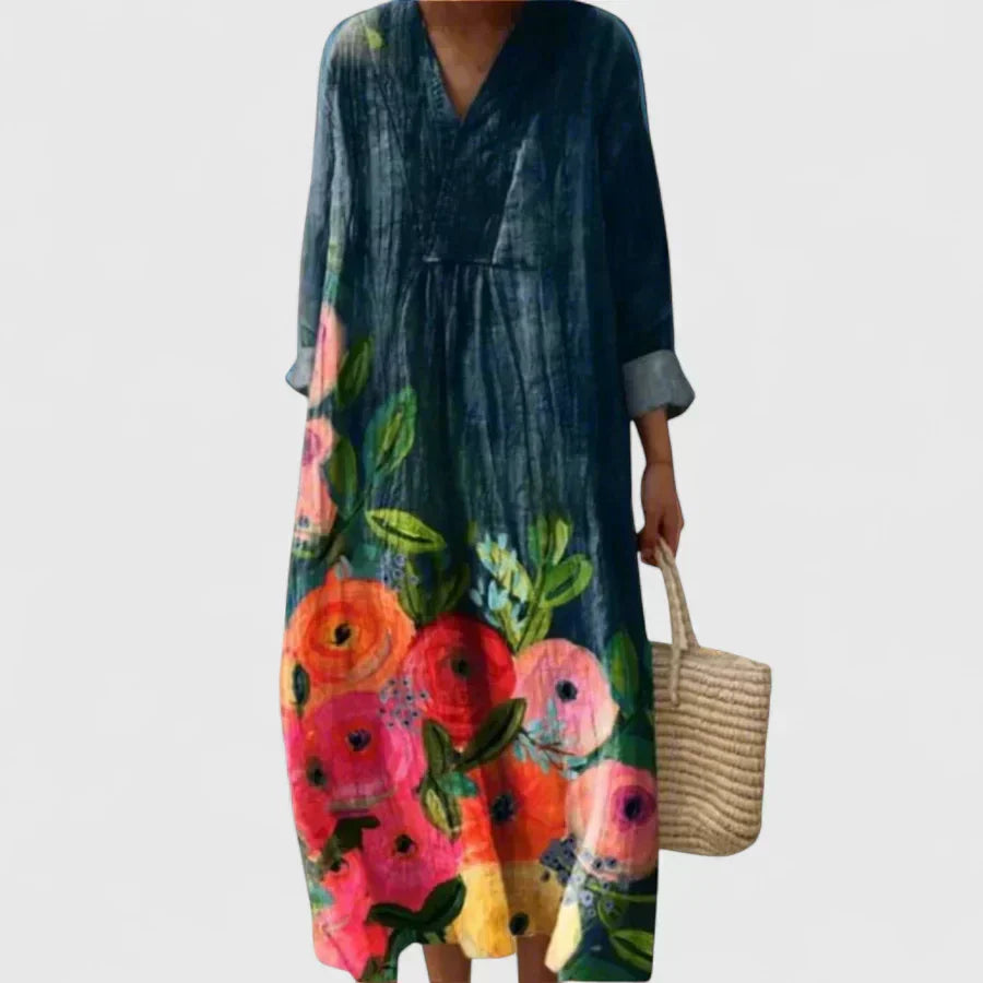 Women's Ocean Blue Floral Pleated Maxi Dress with Roll-Up Sleeves