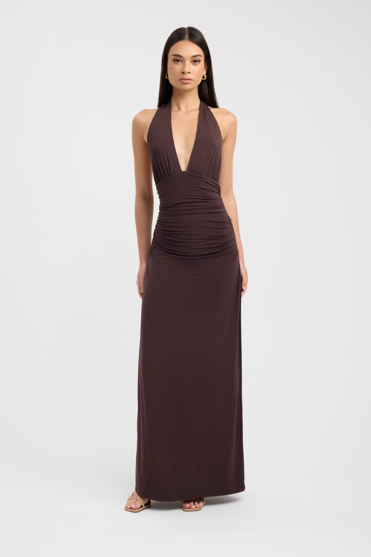 Women's Deep Halter Gathered Floor-Length Gown in Dark Mahogany