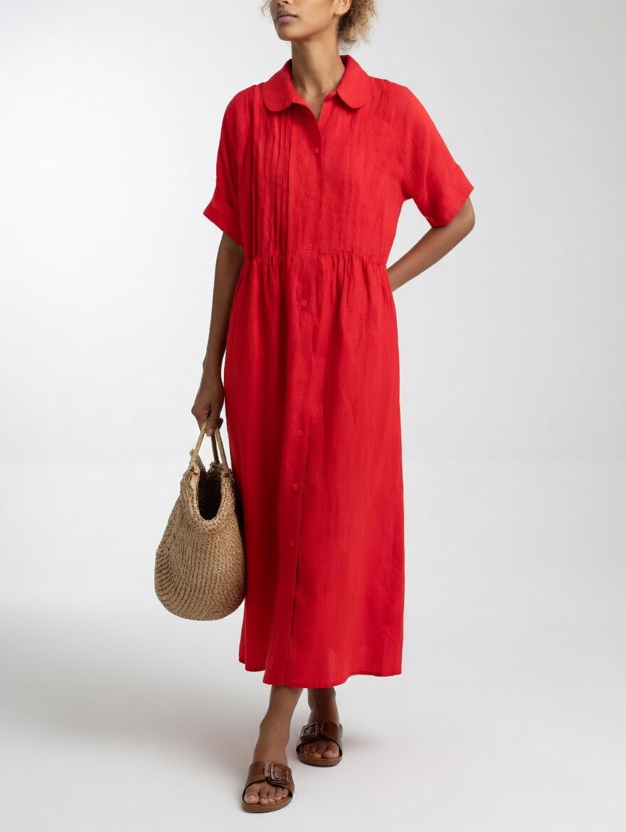 Women's Flowy Lightweight Summer Shirt Dress in Red