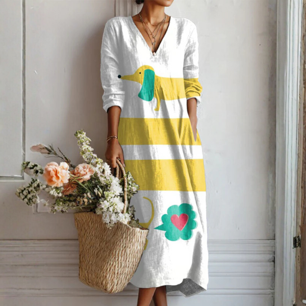 Alma Abstract Print Linen Midi Dress with Pockets in Multicolor