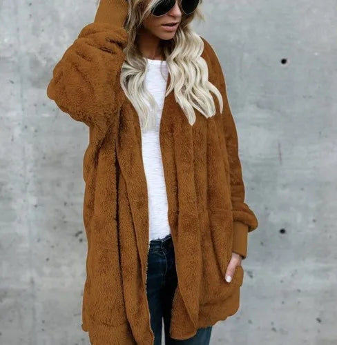 Women's Fleece Jacket, Oversized Hooded Sherpa Cardigan Coat