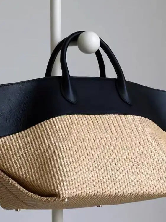 Women's Black Woven Raffia Color-Block Tote Bag, view 3